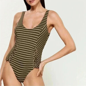 NEW RED CARTER LACED OLIVE STRIPED ONE PIECE SWIMSUIT SIZE 8/M